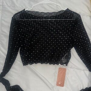 SHEIN Black Beaded Mesh Long Sleeve Crop Tank Top